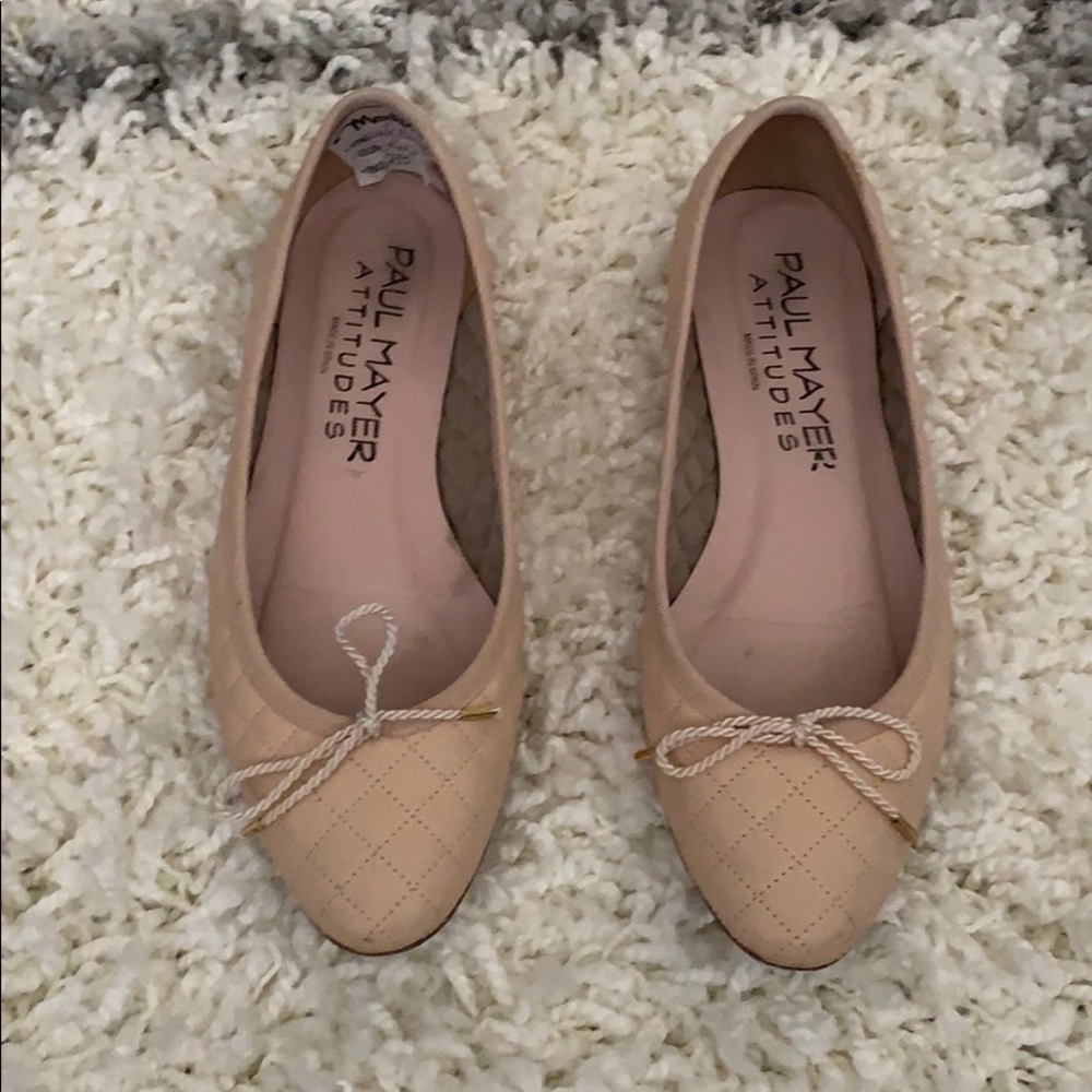 Paul Mayer Beige Quilted Ballet Flats with Bow